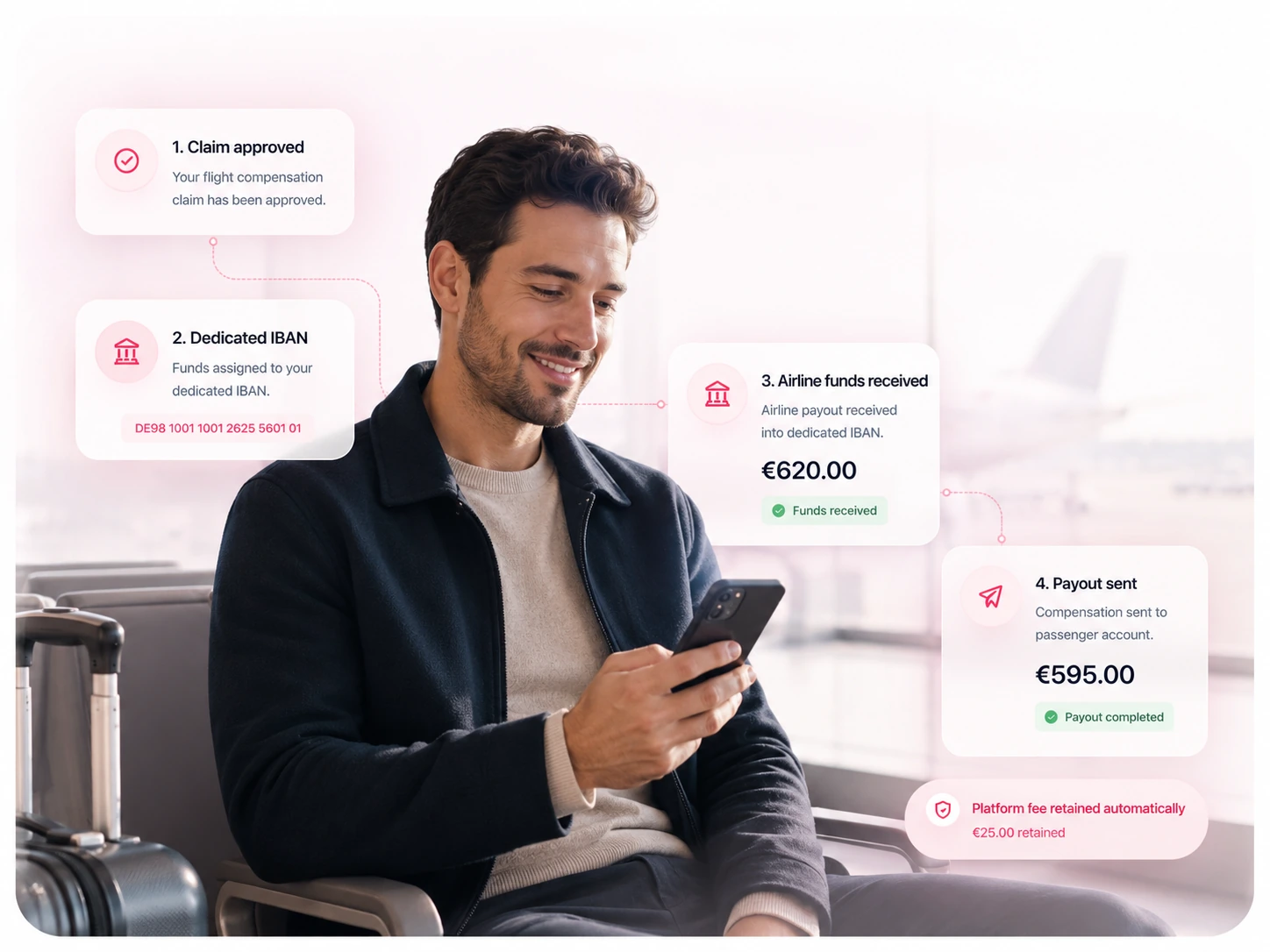 Passenger at an airport receiving a flight compensation payout through a dedicated virtual IBAN with automatic platform fee retention